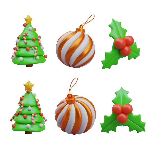 istock Cute Christmas tree with decorations, holly berries, striped glass hanging ball 2102771561