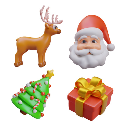 Funny realistic deer, Santa Claus, Christmas tree with toys and present box with golden bow-knot. Christmas collection on white background. Vector illustration in 3d style