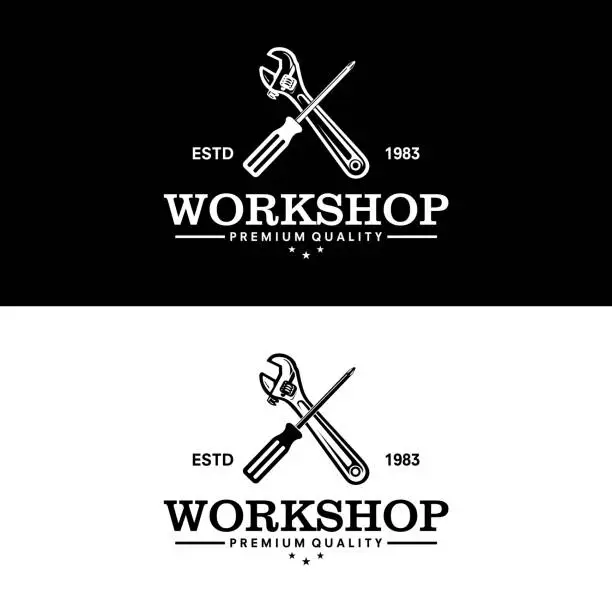 Vector illustration of Workshop retro logo with wrench and screwdriver. Black background