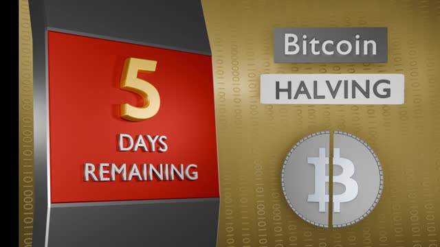 Bitcoin Halving countdown reminder 5 days remaining concept. 3D Render animation