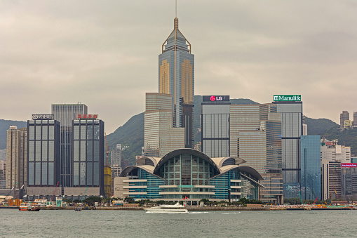 Hong Kong, China - April 23, 2017: Convention and Exhibition Centre Famous Venue Building at Victoria Harbour Spring Day.