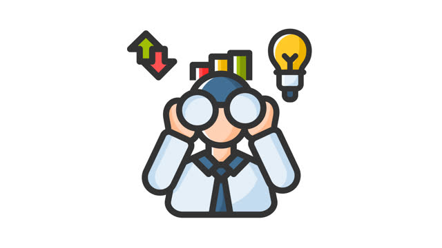 Animated vision with man holds magnifying glass and light bulb above head. Suitable for financial concepts, money management, investment, analysis, investigation concepts in business and research