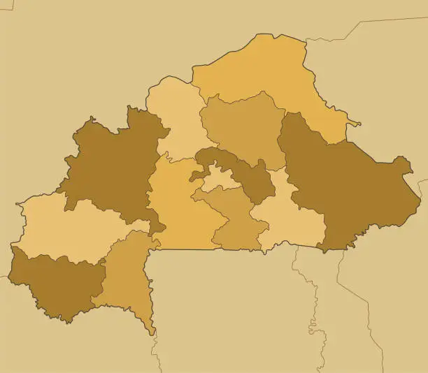 Vector illustration of Burkina Faso map with Regions and national borders