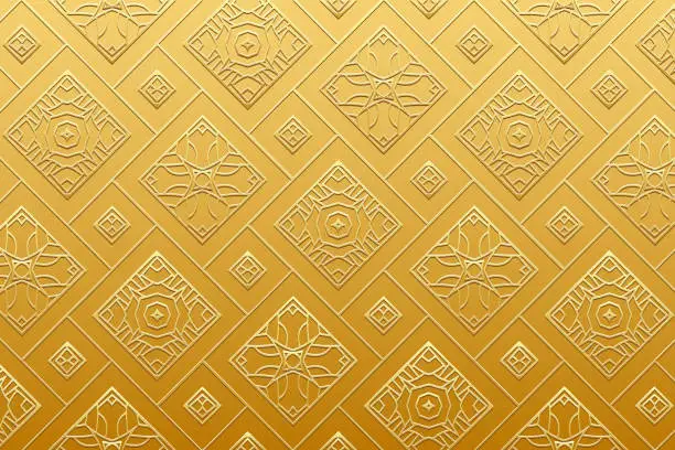 Vector illustration of Embossed ornamental gold background, vintage cover design. Handmade, boho, doodle, zentagle. Geometric gold 3D pattern. Ethnicity of the East, Asia, India, Mexico, Aztec.