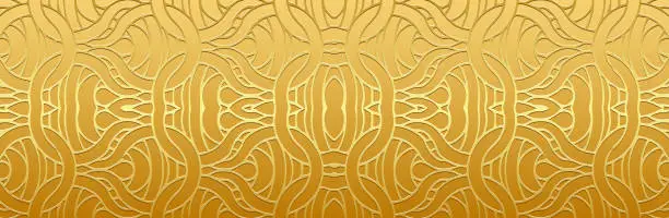 Vector illustration of Banner, tribal cover design. Relief geometric gold 3D pattern on a gold background. Handmade. Ornamental art, ethnicity of the East, Asia, India, Mexico, Aztec.