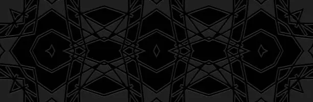 Vector illustration of Banner, tribal cover design. Raised unique geometric 3D pattern on a black background. Stained glass art, ethnicity of the East, Asia, India, Mexico, Aztec.