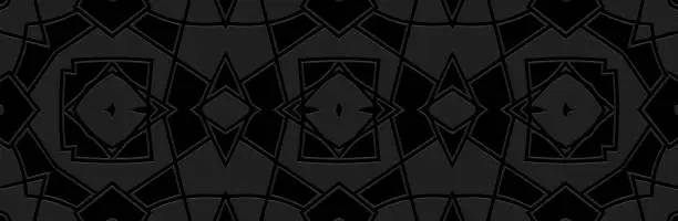 Vector illustration of Banner, tribal cover design. Relief vintage geometric 3D pattern on a black background. Stained glass art, ethnicity of the East, Asia, India, Mexico, Aztec.