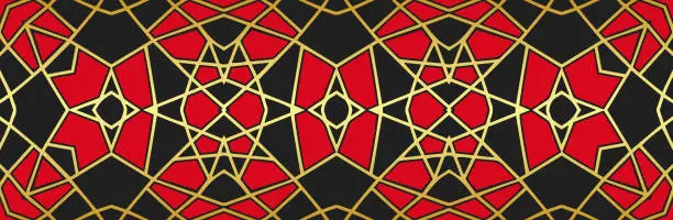 Vector illustration of Banner, tribal cover design. Raised abstract geometric pattern, red and gold, on a black background. Stained glass art, ethnicity of the East, Asia, India, Mexico, Aztec.