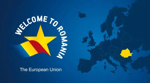 Vector illustration of Welcome to Romania EU wavy flag star sign icon and map banner