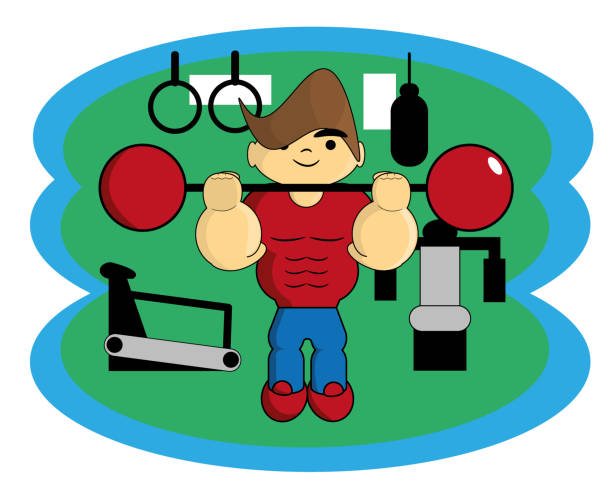 man lifting weights in the gym - health club gym young men dumbbell stock illustrations