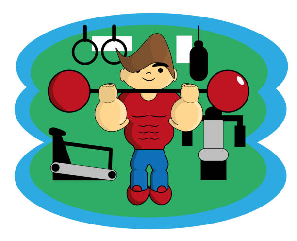 ilustrações de stock, clip art, desenhos animados e ícones de man lifting weights in the gym - health club gym young men dumbbell