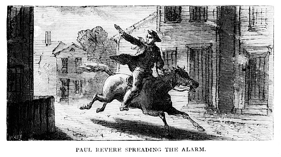 Revolutionary War hero Paul Revere warns the British soldiers are coming, Trenton, New Jersey, USA. Illustration engraving published 1895. Original edition is from my own archives.  Copyright has expired and is in Public Domain.