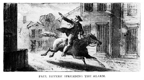 Paul Revere's Ride, Revolutionary War, Trenton, New Jersey, United States, 18th Century American History Revolutionary War hero Paul Revere warns the British soldiers are coming, Trenton, New Jersey, USA. Illustration engraving published 1895. Original edition is from my own archives. Copyright has expired and is in Public Domain. christine kohler stock illustrations