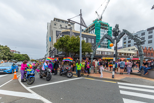 Wellington, New Zealand - March 09, 2024: People and Motorbikes Gather in Courtenay Place, Ready to Kickstart the Wellington Pride Parade