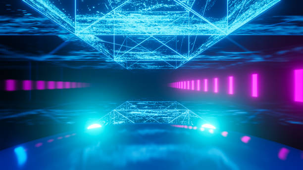istock Cyberspace tunnel with neon lights and holographic lines 3d illustration 2102869701