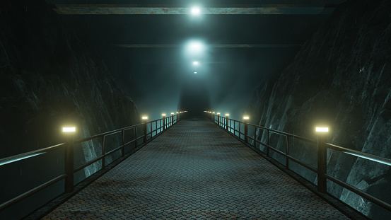 Mysterious Atmospheric Tunnel With Bright Illumination And Old Anti-Slip Floor. Dark Scene Without People. Sci-Fi Style. Tomorrow Aesthetic For Templates. Fashion Render Design. 3D Illustration