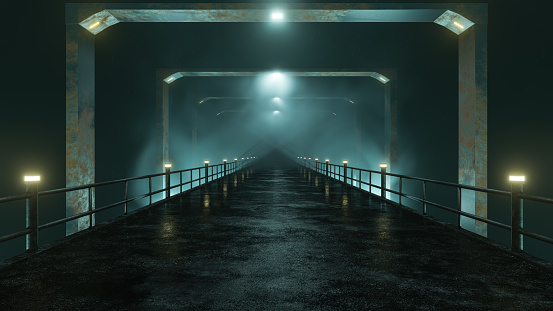 An Old Bridge With Metal Railings And Concrete Pavement Illuminated By Yellow Light In Smoke For Banners Posters Cards 3D Illustration