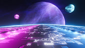 Cyberspace Techno Surface and Holographic Planet 3d illustration