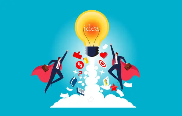 Vector illustration of Creativity drives a business or career to take off, creative support and help, innovative ideas or inspirations, cape-wearing businessmen take off with the light bulb of a rocket booster