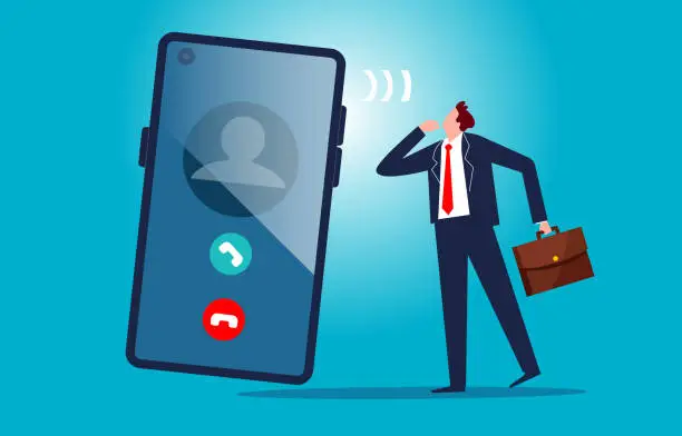 Vector illustration of Nuisance calls, telemarketing calls, unknown calls, businessmen hesitate to answer unknown calls