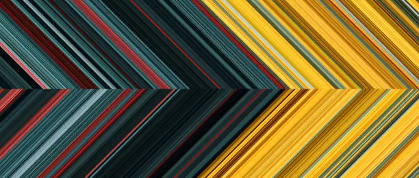 Vector illustration of Detailed striped dual geometric pattern composed of big amount of thin red, yellow and blue stripes.