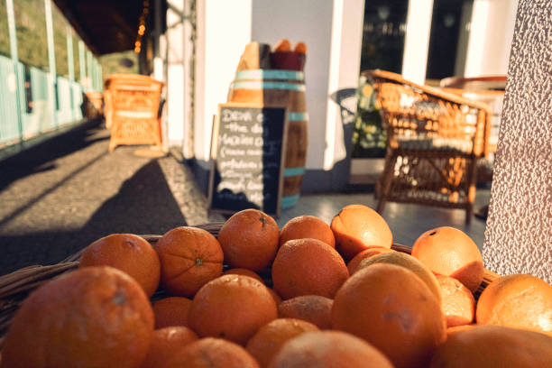 Tropical bar with freshly made orange juice. Artisanal food and drink.
