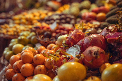 Fresh tropical fruits on farmer's market.