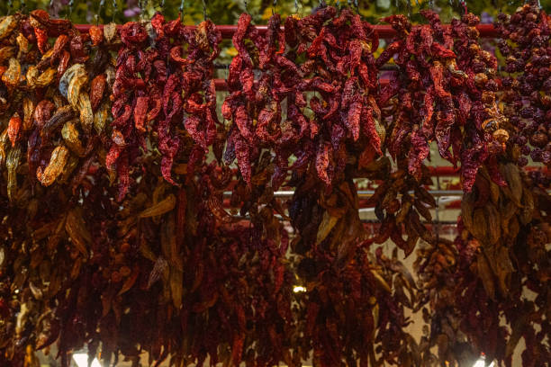 Three long red chili pepper ristras hang on a stone wall in New Mexico. (A ristra hung on a NM house is not only decorative, but it also protects from evil spirits according to traditional beliefs.)