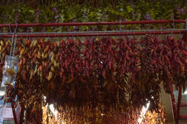 Red Chili Pepper on farmer's market. Dried in the sun.