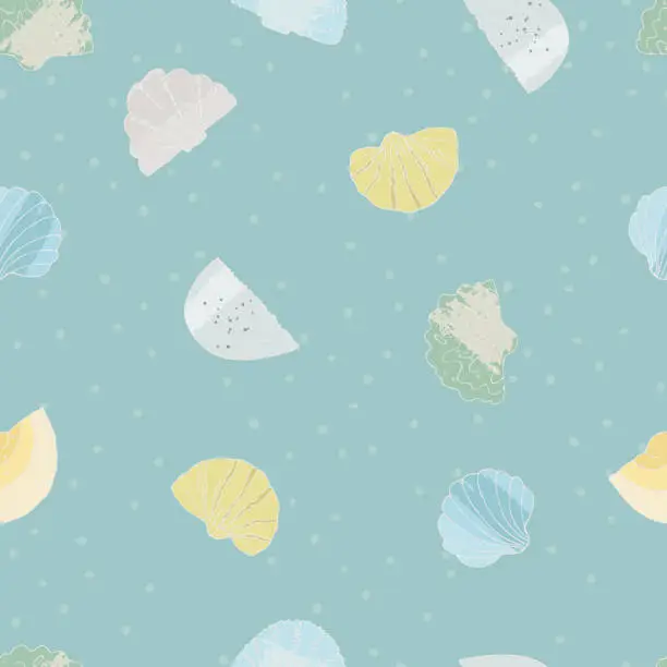 Vector illustration of Seamless pattern with hand drawn shells, sands and waves for surface design and other design projects