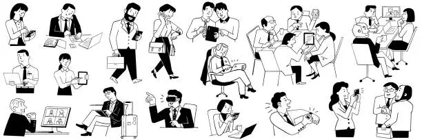 Vector illustration of Business people using technology doodle