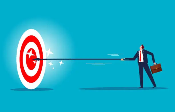 Vector illustration of Confidence and superiority, strategic planning and long-term business vision and goals, businessmen hold long spears and hit the bull's-eye with ease