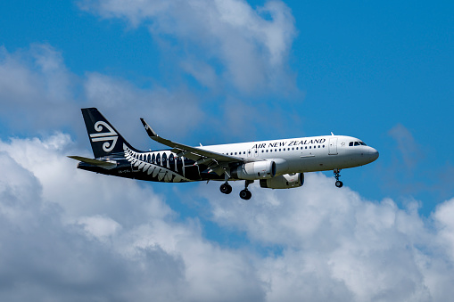 Auckland, New Zealand: March 16th, 2024. Air New Zealand Airbus A320 landing in Auckland International Airport.