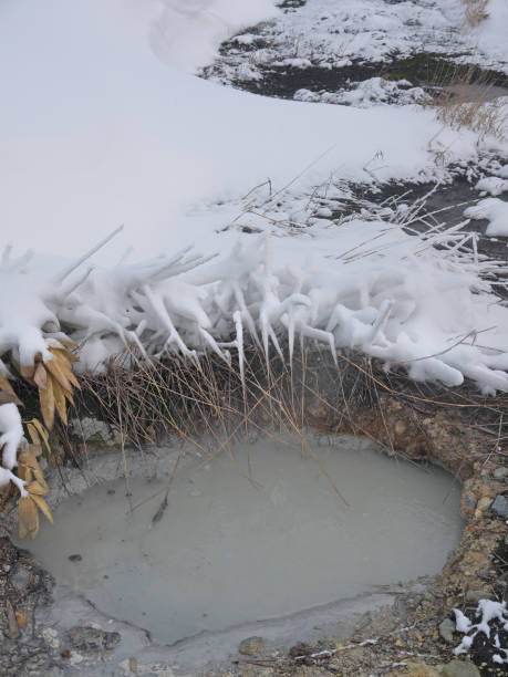 istock Thermal pool in volcanic landscape surrounded with snow 2102905445