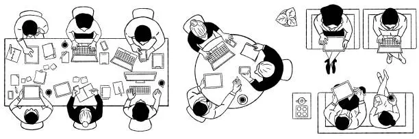 Vector illustration of Aerial view of businesspeople sitting using gadget