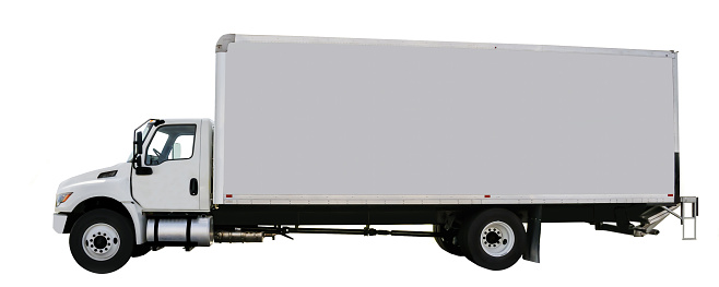 side view of white truck, white background, cut out, no people, copy space on side of truck and box