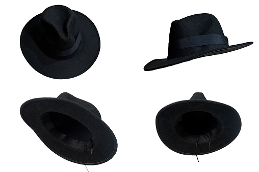 natural black felt hat wide brimmed hat isolated on white background head protection and style model.