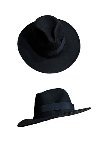 natural black felt hat wide brimmed hat isolated on white background head protection and style model.