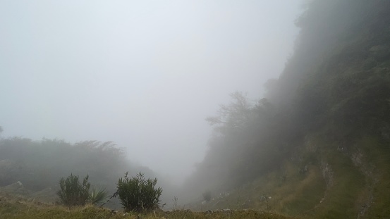 The Inca Trail disappears into a dense fog, with the natural contours of the land barely visible through the mist. The photo captures the quiet and mysterious atmosphere that hikers might experience while navigating this ancient path through the clouds.