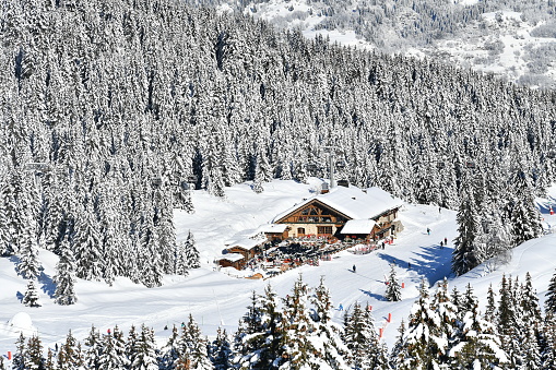 Famous Courchevel resort with an aerial view of restaurant on the slopes