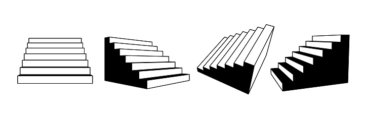Simplified 3d stairways set. Linear staircase in different perspective. Black and white stair steps collection. Graphic design element pack concept for success, growth, promotion, progress. Vector