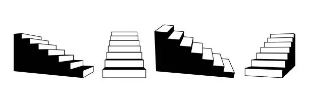 Vector illustration of Set of stairways in different perspective. Linear simplified 3d staircase collection. Black and white stair steps collection. Graphic design element pack concept for success, growth, promotion. Vector