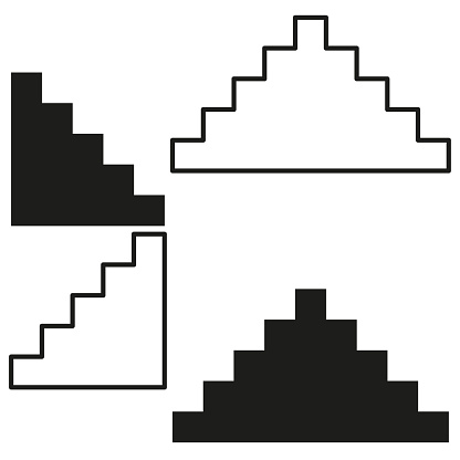 Pixelated staircase icons. Retro video game graphics. Step progression concept. Vector illustration. EPS 10. Stock image.