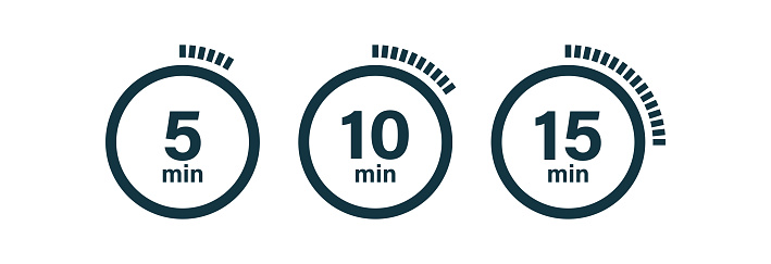 Timer icons, clock symbols, stopwatch signs. Cooking time icons. Time interval. Vector illustration.
