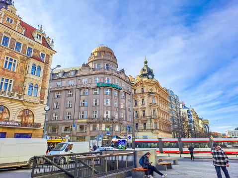 Prague-, Czech- 18 March 2024: Building of Adria Palace in Wenceslas Square in Prague. High quality photo