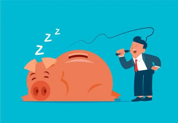 Vector illustration of Negative financial markets, negative business investment markets, sleeping piggy banks, angry businessmen taking whips to the sleeping piggy banks