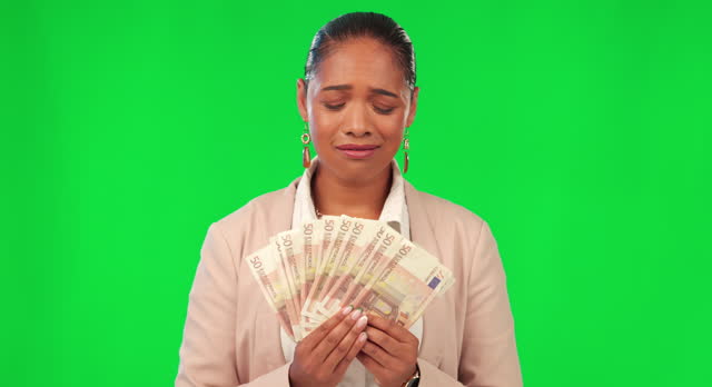 Cash, risk and woman on green screen for gambling problem, lotto decision and savings, investment or payment. Money, loan and face of business person stress, scared and finance on studio background
