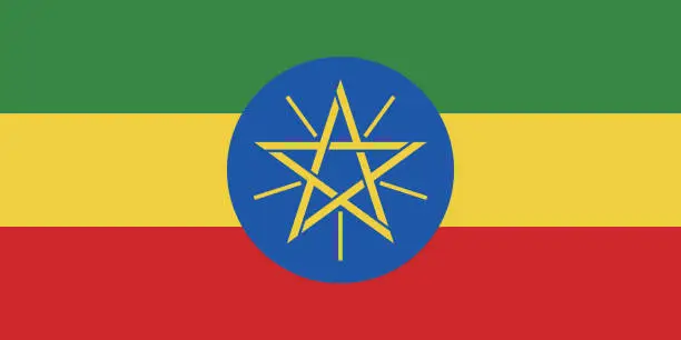 Vector illustration of Ethiopia flag. Standard size. The official ratio. A rectangular flag. Standard color. Flag icon. Digital illustration. Computer illustration. Vector illustration.