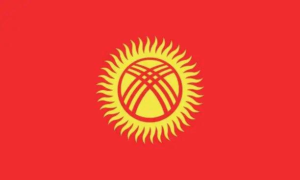 Vector illustration of Kyrgyzstan flag. Standard size. The official ratio. A rectangular flag. Standard color. Flag icon. Digital illustration. Computer illustration. Vector illustration.
