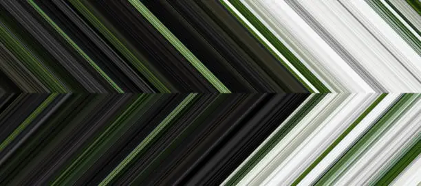 Vector illustration of Detailed striped dual geometric pattern composed of big amount of thin black, white and green stripes.